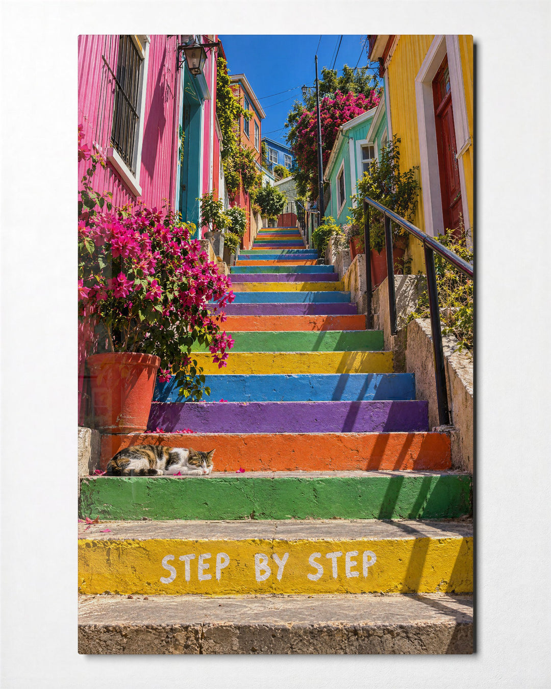 Rainbow Staircase, Sleeping Cat glass wall art, front view