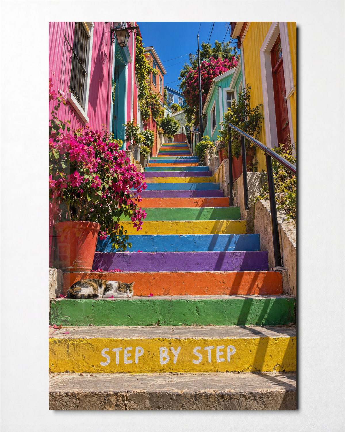 Rainbow Staircase, Sleeping Cat glass wall art, front view
