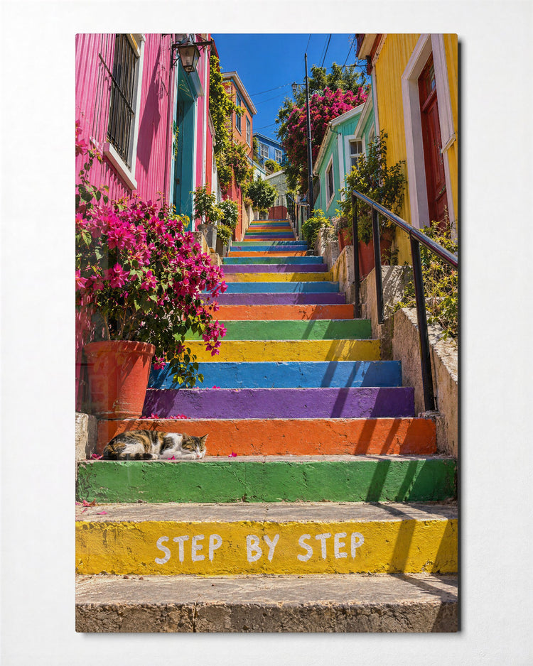 Rainbow Staircase, Sleeping Cat glass wall art, front view