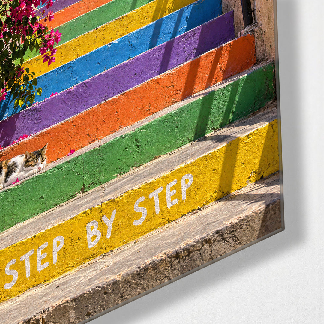 Rainbow Staircase, Sleeping Cat glass wall art, corner view