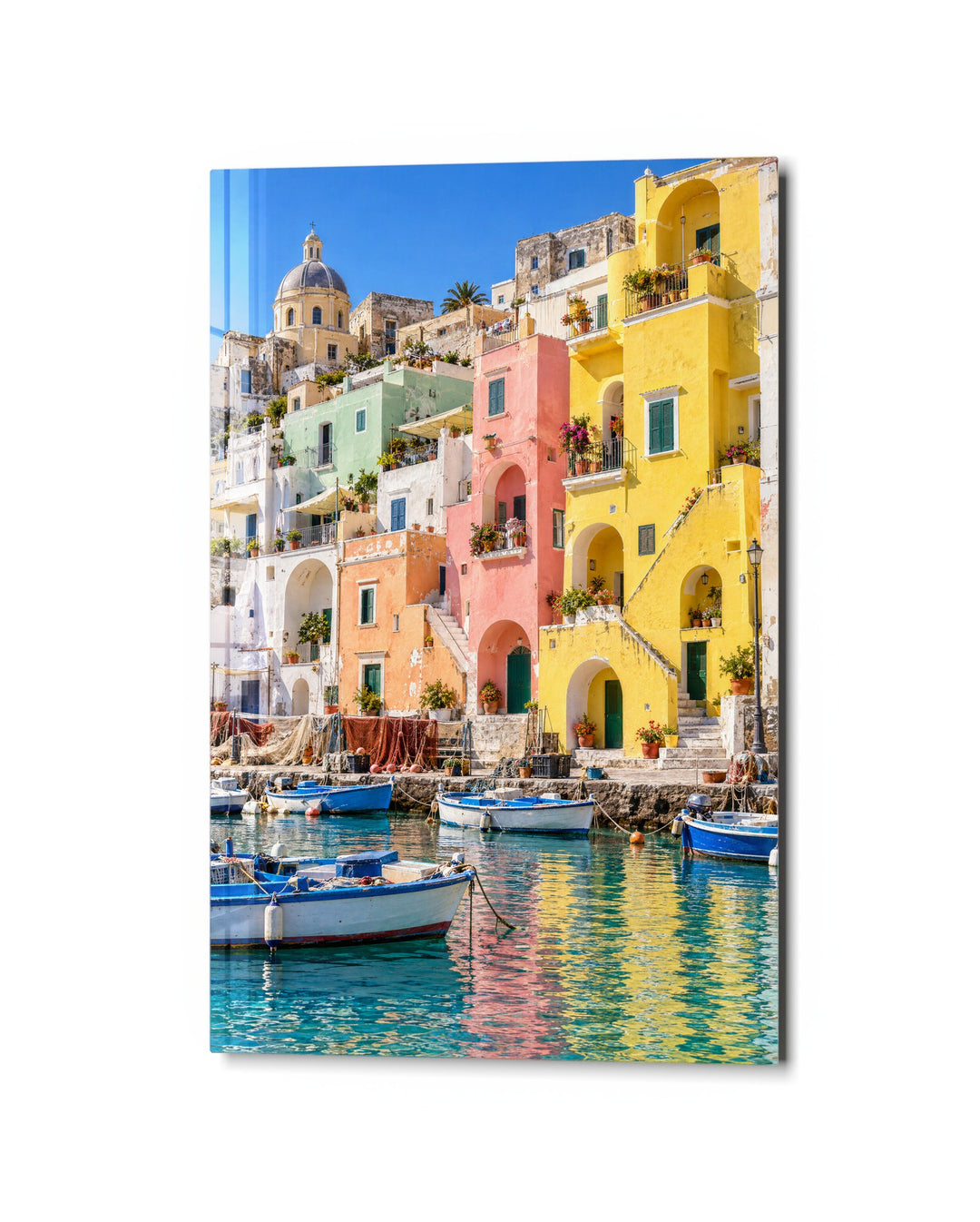 Pastel Port Town glass wall art, studio view