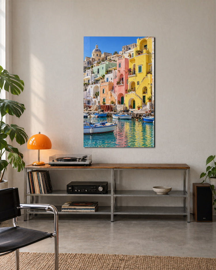 Pastel Port Town glass wall art, lifestyle view