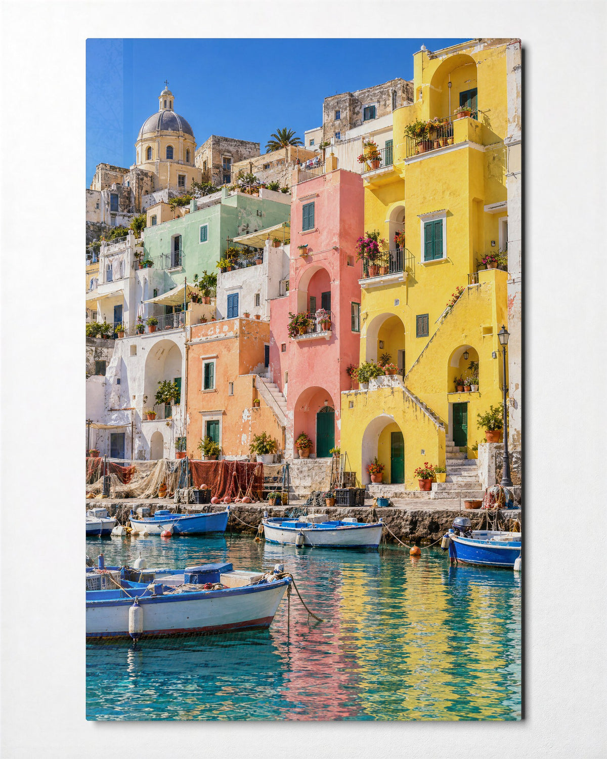 Pastel Port Town glass wall art, front view