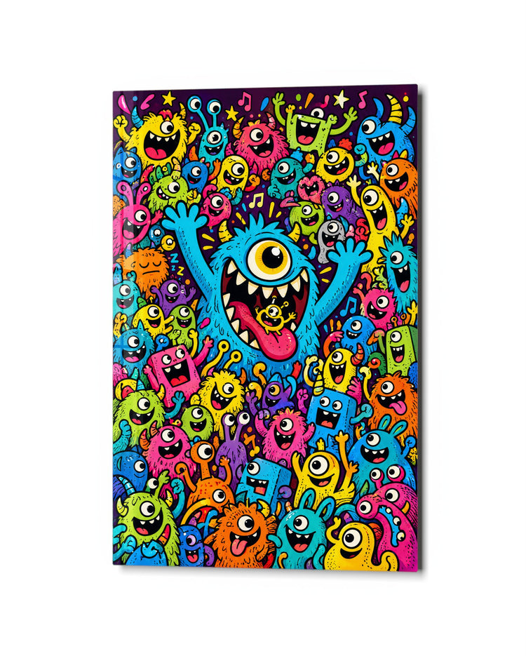 Doodle Crowd Roll Call glass wall art, studio view