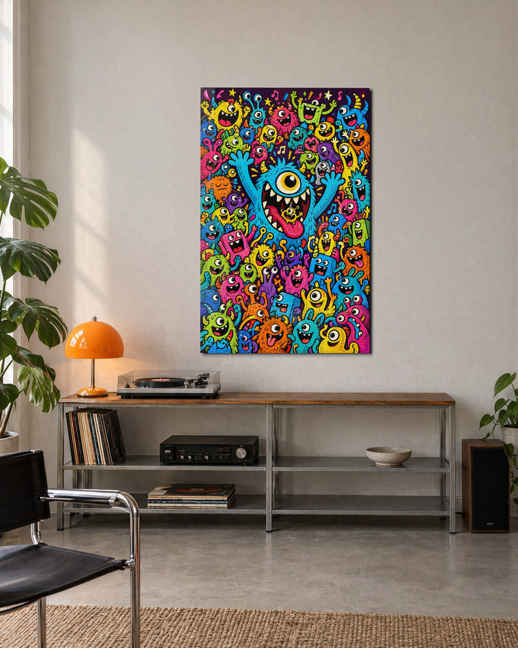 Doodle Crowd Roll Call glass wall art, lifestyle view