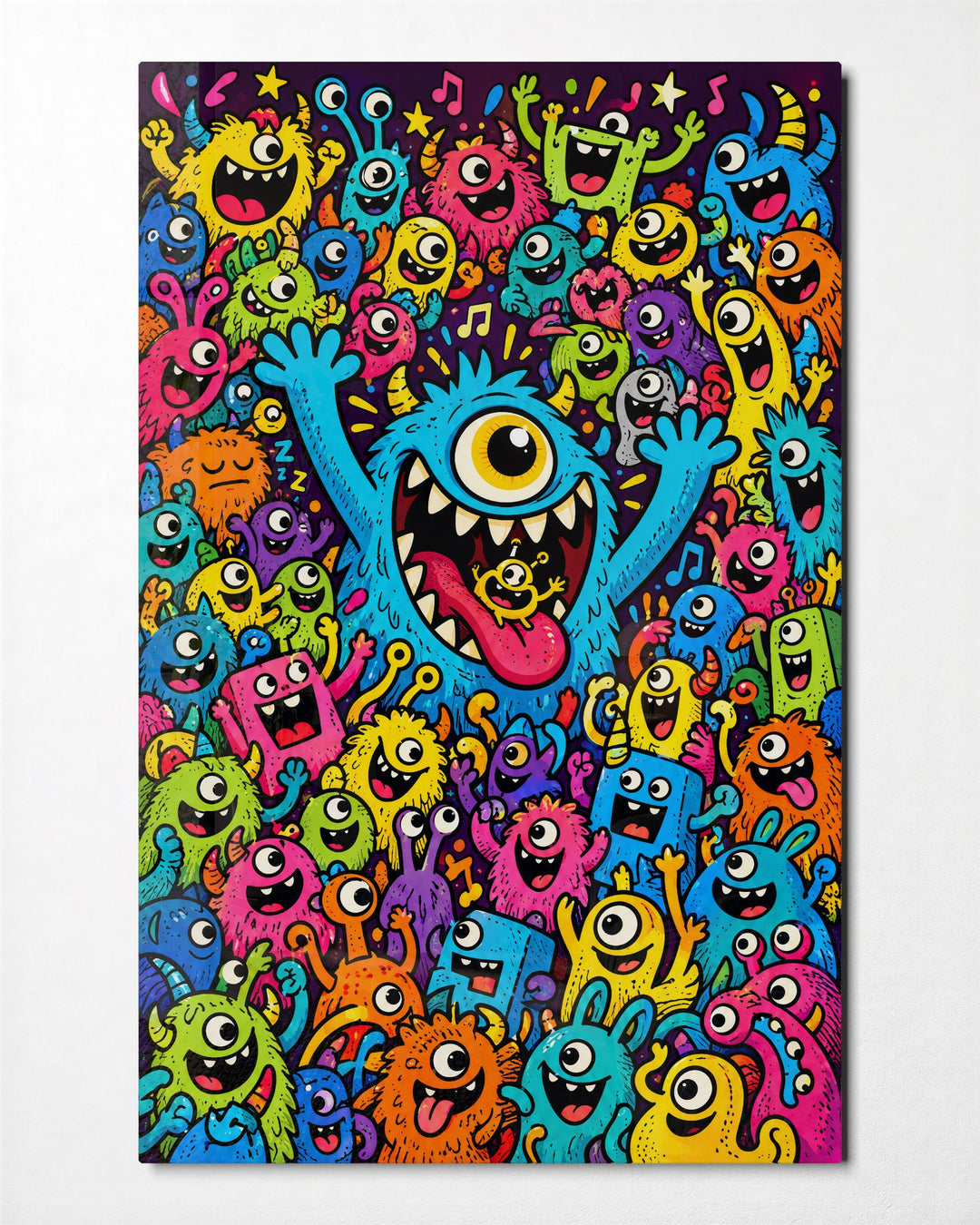 Doodle Crowd Roll Call glass wall art, front view