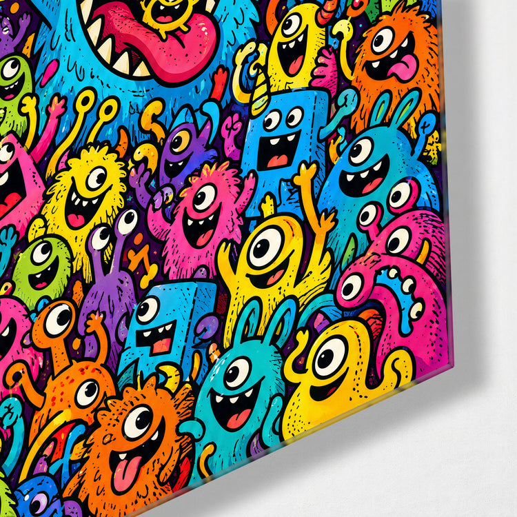 Doodle Crowd Roll Call glass wall art, corner view