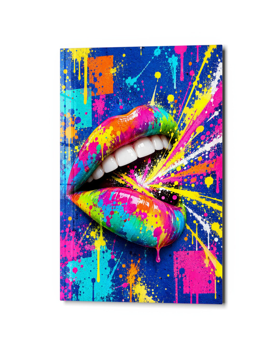Paint-Splashed Smile glass wall art, studio view