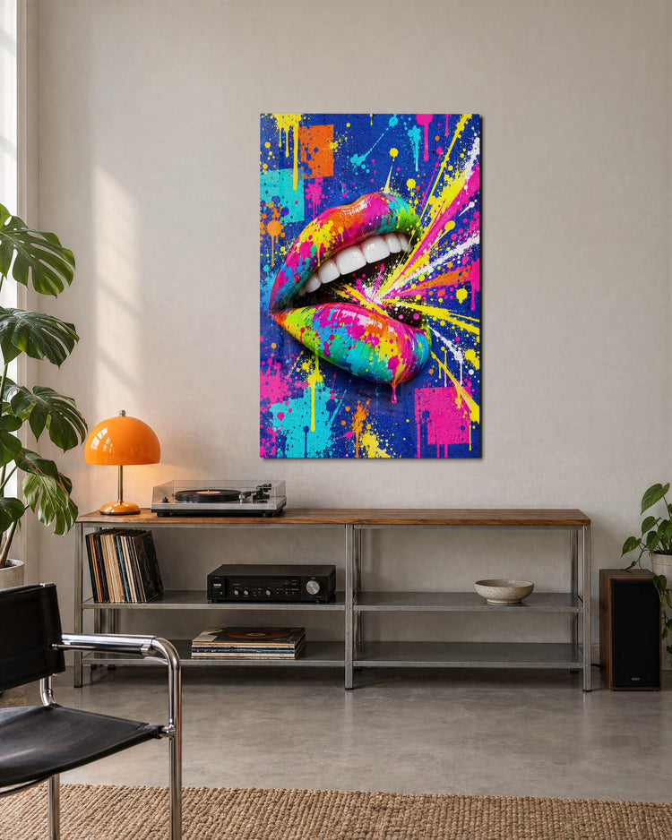 Paint-Splashed Smile glass wall art, lifestyle view
