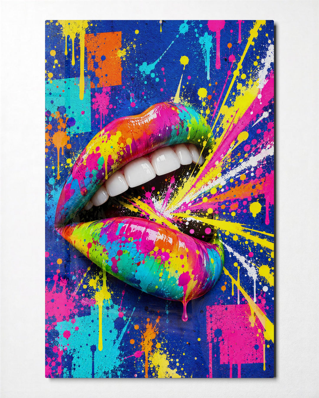 Paint-Splashed Smile glass wall art, front view