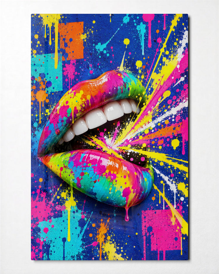Paint-Splashed Smile glass wall art, front view