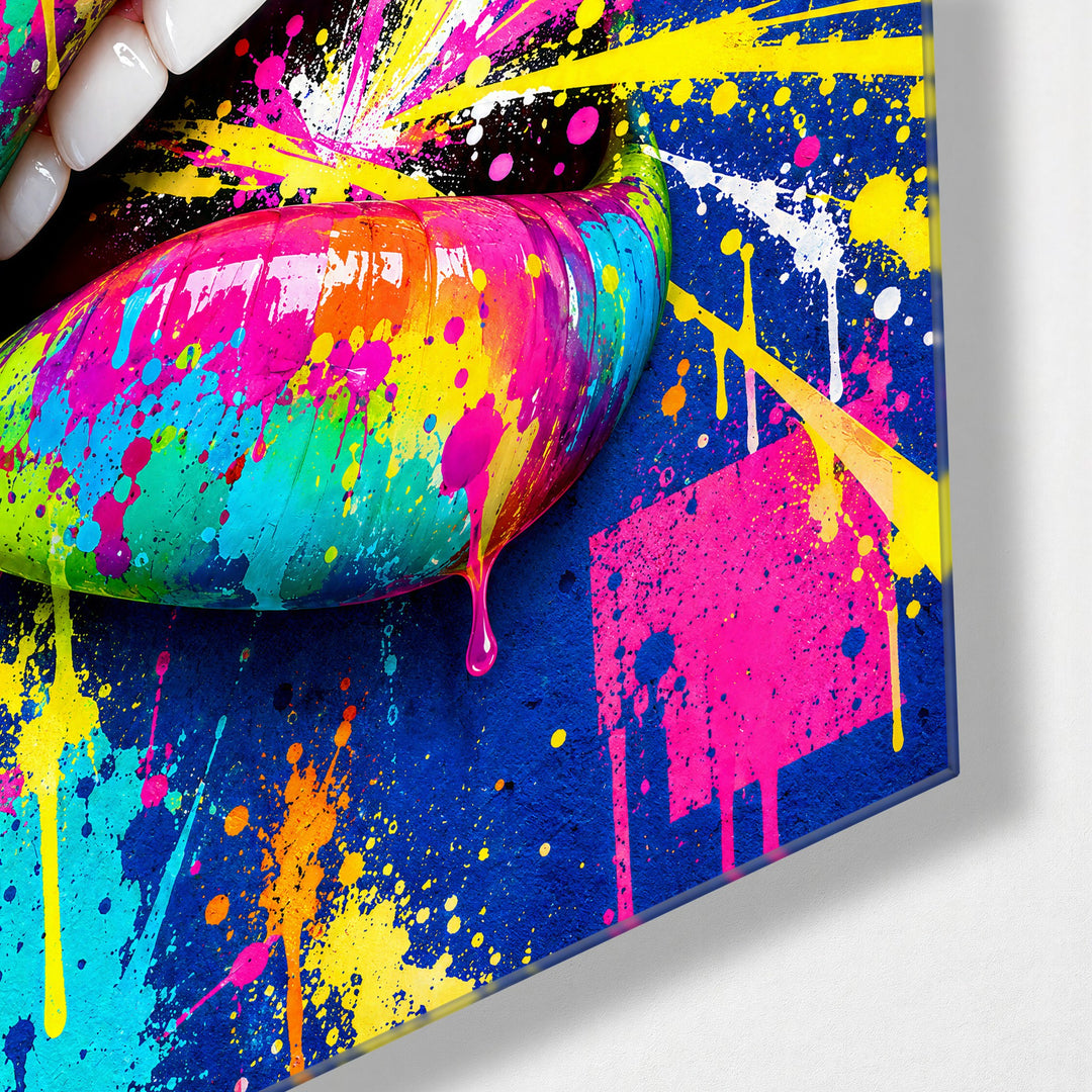 Paint-Splashed Smile glass wall art, corner view