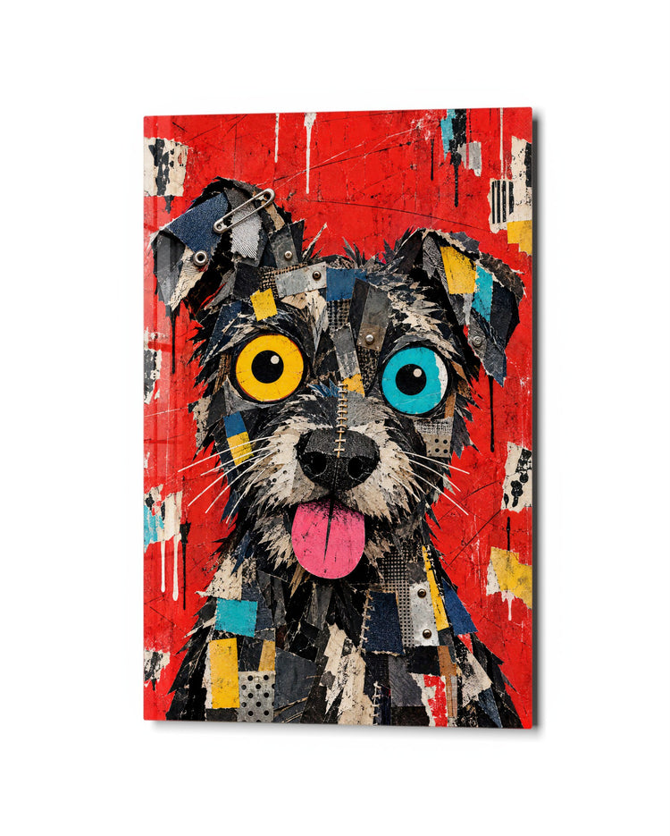 Scrappy Dog of Many Scraps glass wall art, studio view