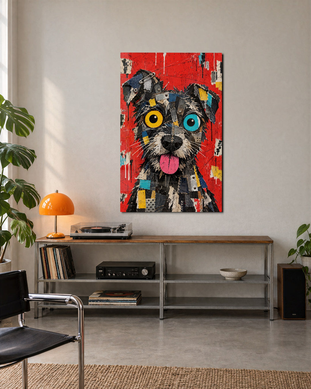 Scrappy Dog of Many Scraps glass wall art, lifestyle view