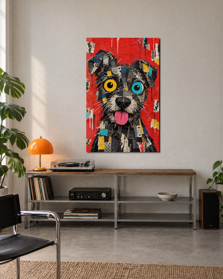 Scrappy Dog of Many Scraps glass wall art, lifestyle view