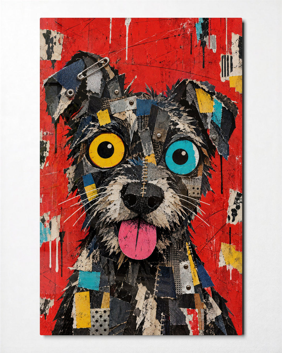 Scrappy Dog of Many Scraps glass wall art, front view