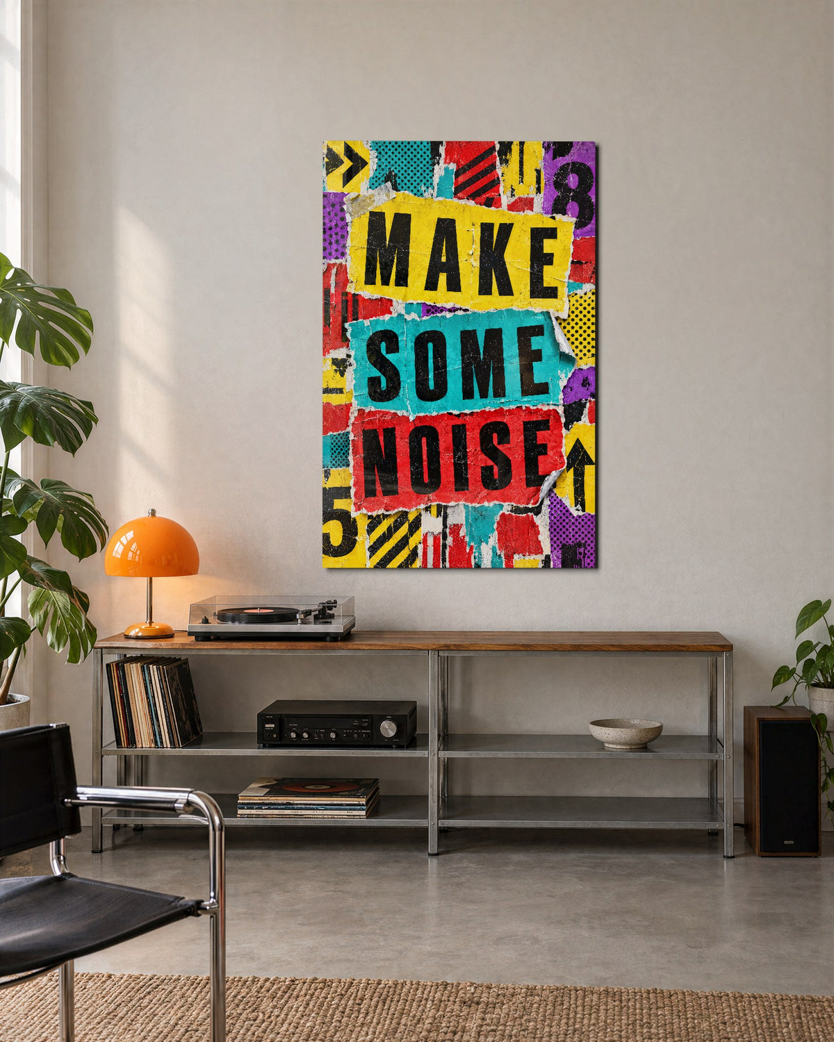 Volume Up, Paper Down glass wall art, lifestyle view