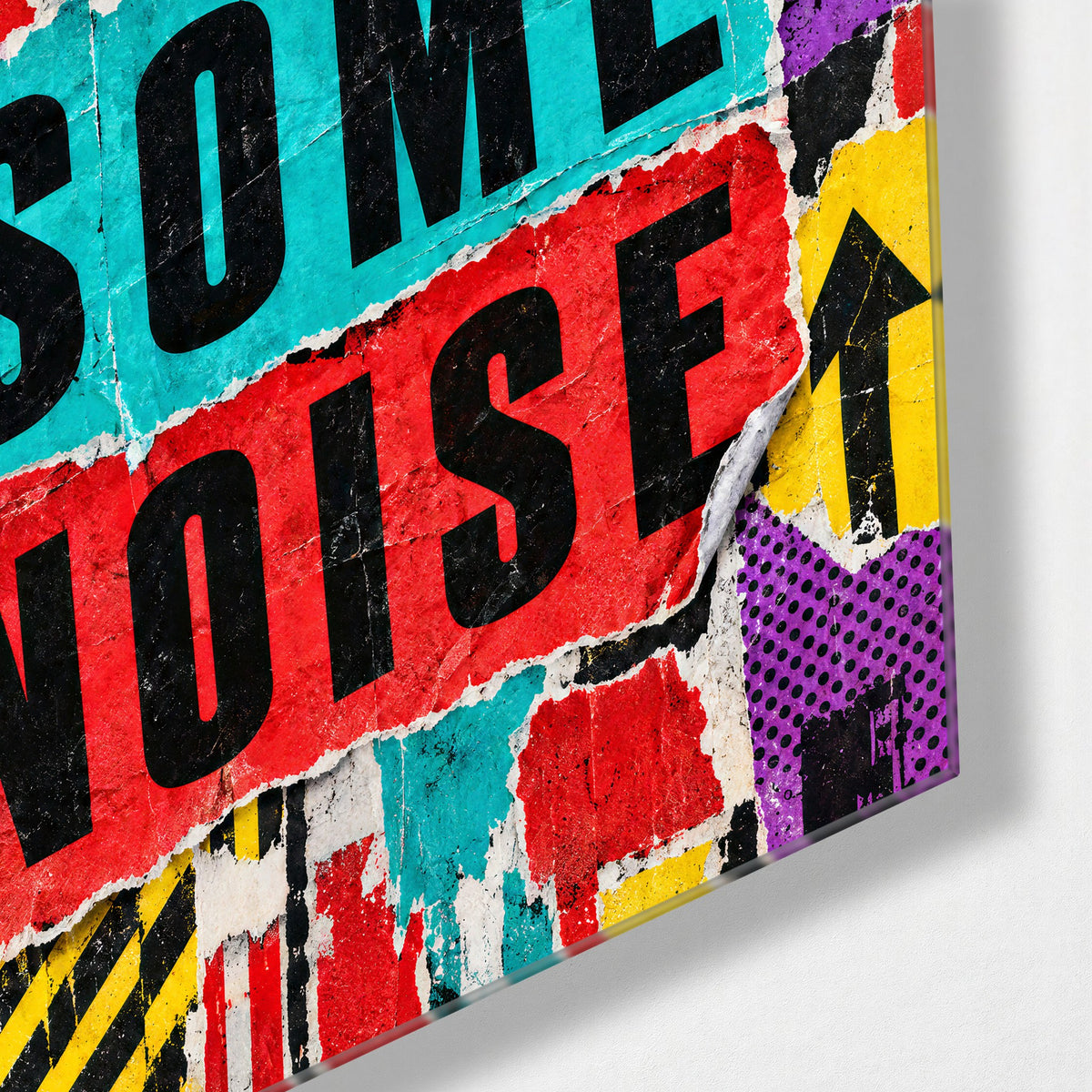 Volume Up, Paper Down glass wall art, corner view