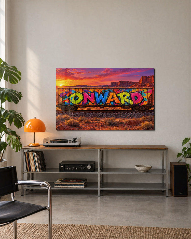 Boxcar Says Keep Going glass wall art, lifestyle view