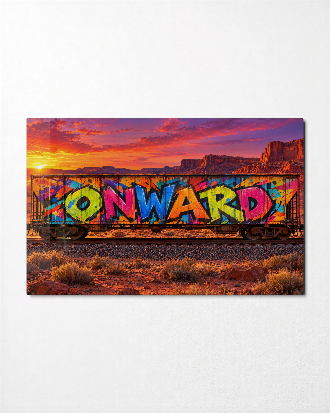 Boxcar Says Keep Going glass wall art, front view
