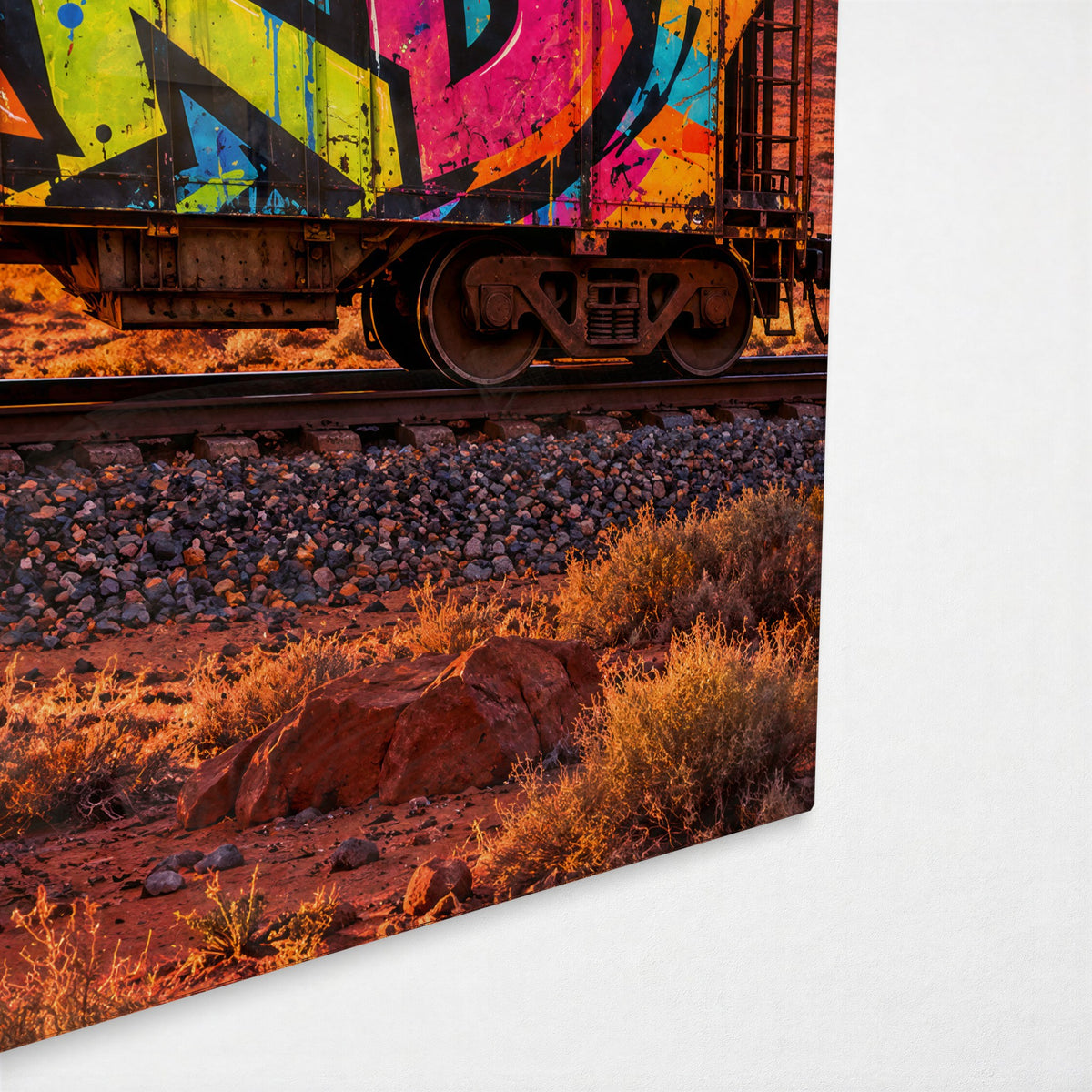Boxcar Says Keep Going glass wall art, corner view