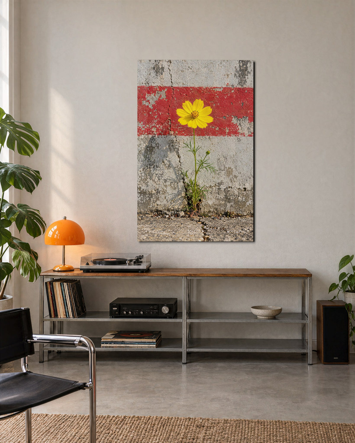 One Tough Bloom glass wall art, lifestyle view
