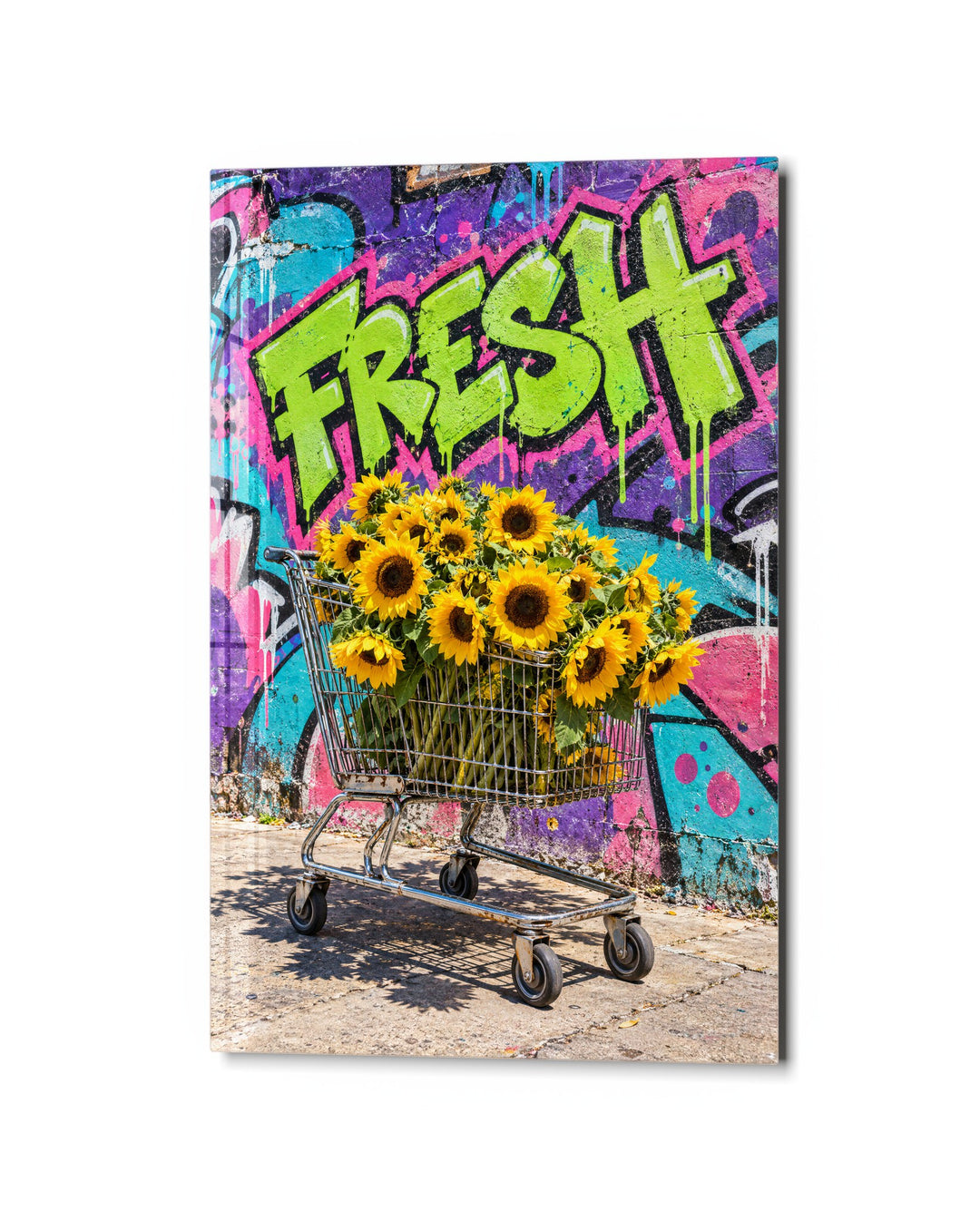 Market Day Cart glass wall art, studio view