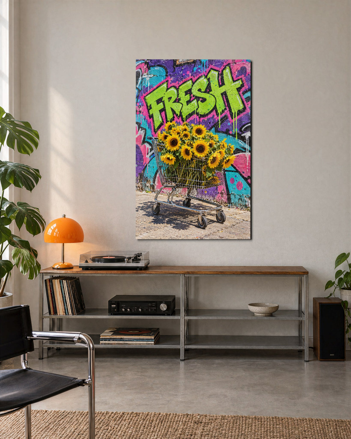 Market Day Cart glass wall art, lifestyle view