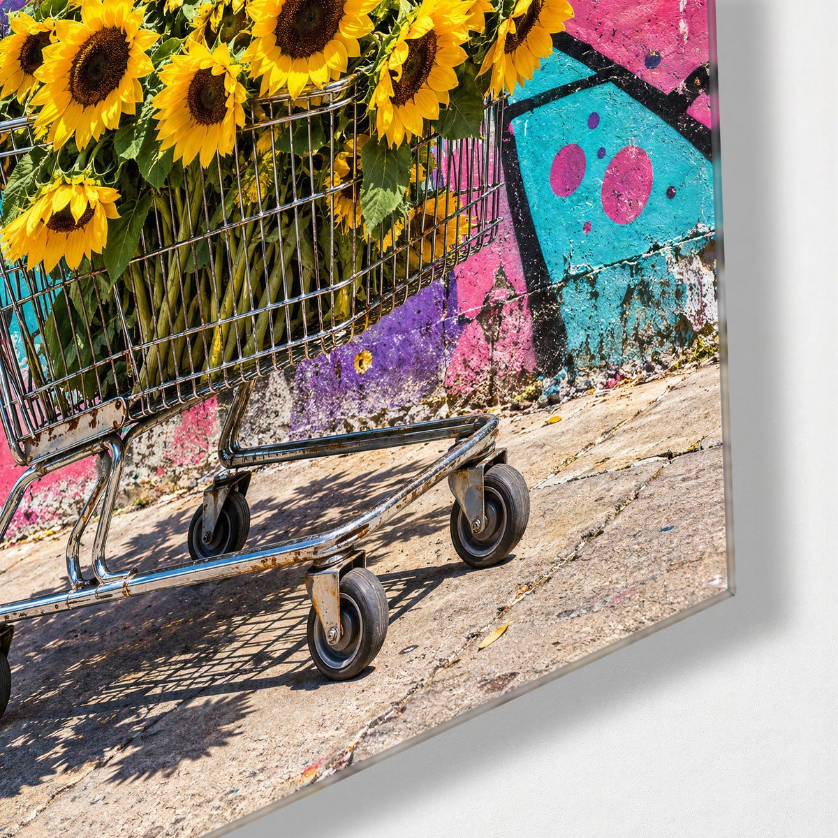 Market Day Cart glass wall art, corner view