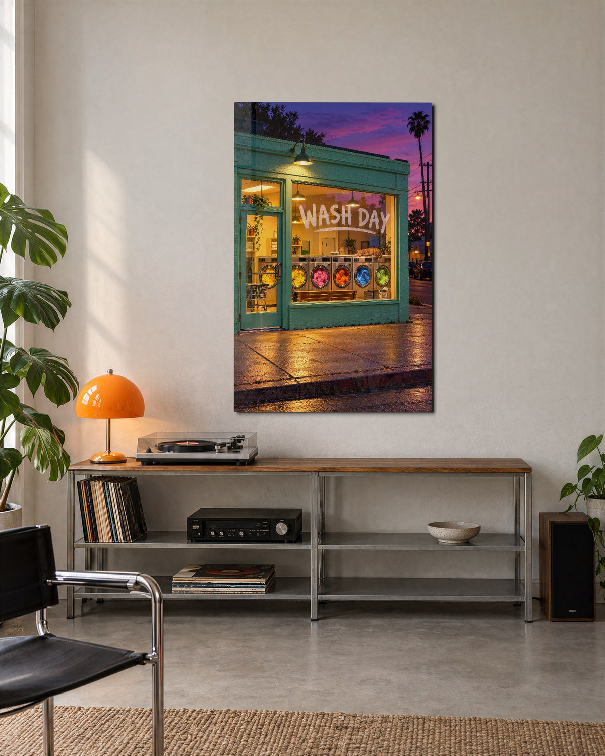 Spin Cycle Glow glass wall art, lifestyle view