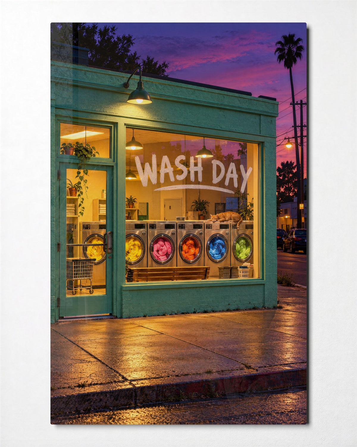 Spin Cycle Glow glass wall art, front view