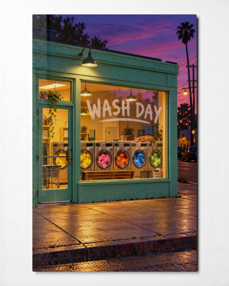 Spin Cycle Glow glass wall art, front view