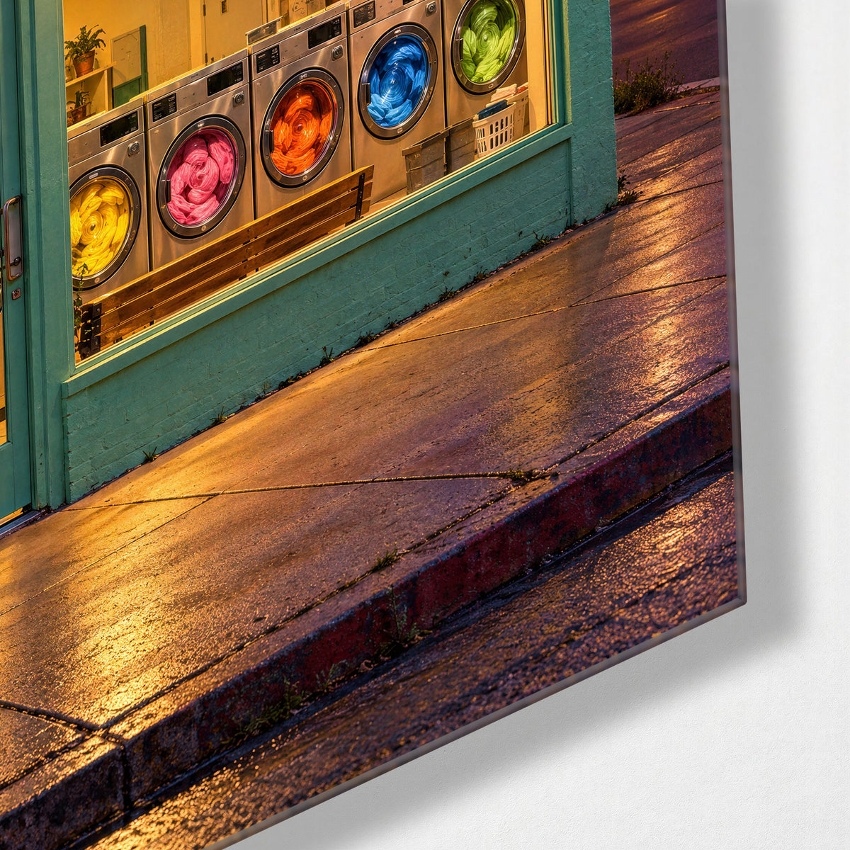 Spin Cycle Glow glass wall art, corner view