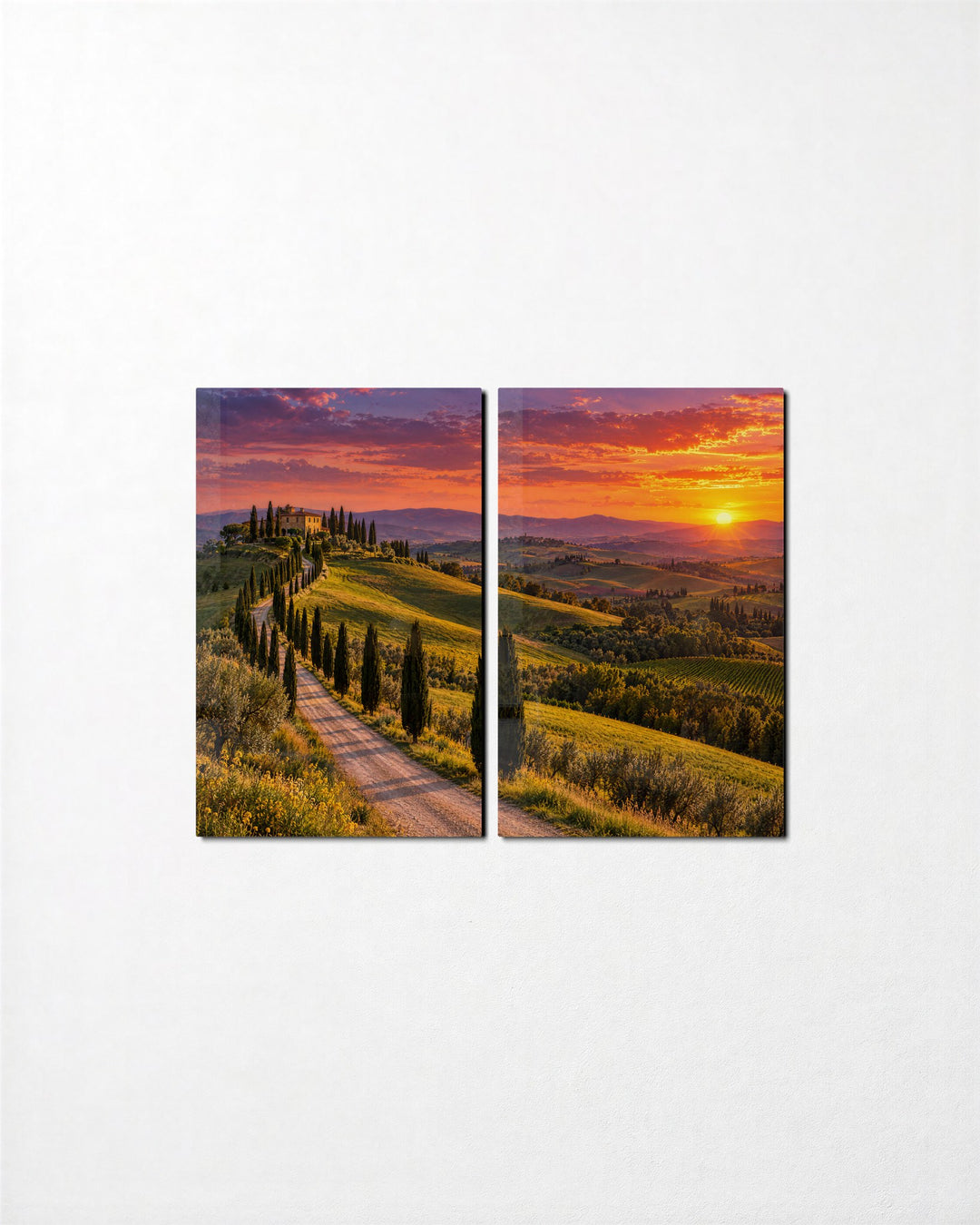 Villa Road at Dusk glass wall art, set front view