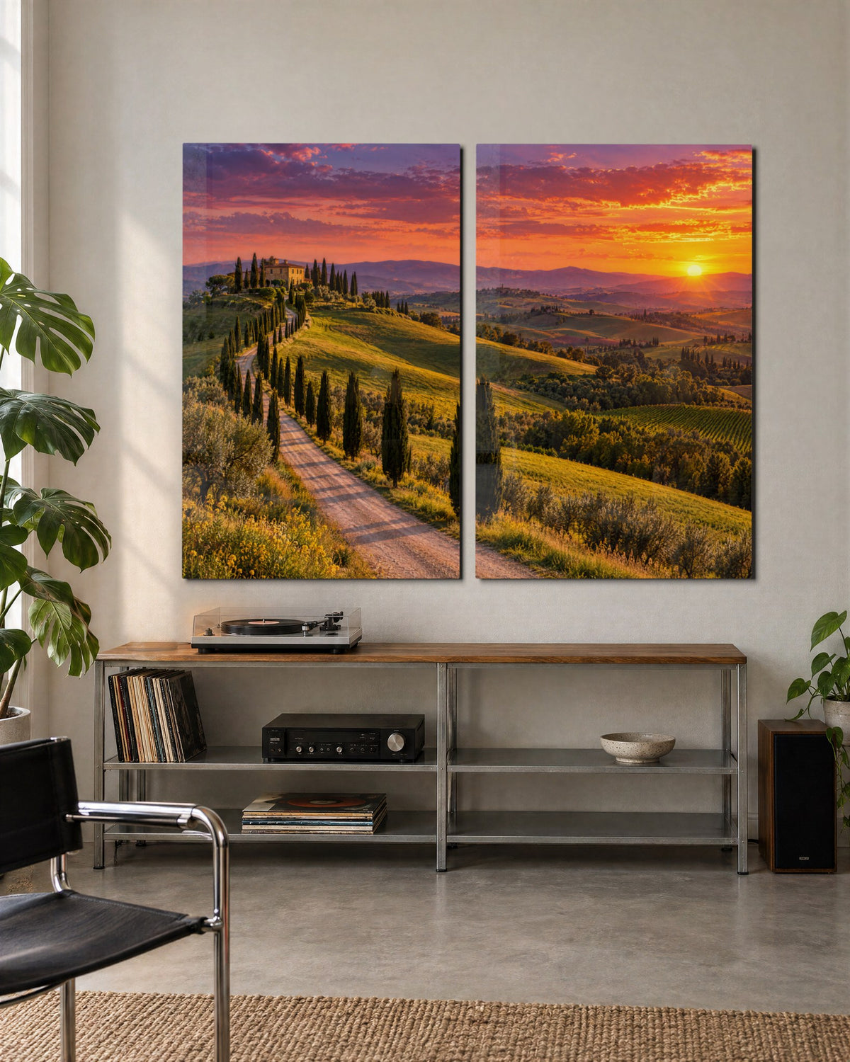 Villa Road at Dusk glass wall art, set lifestyle view