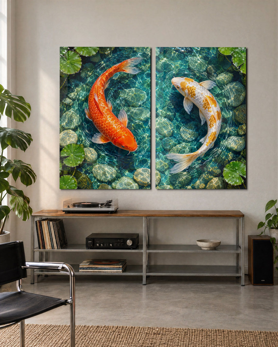 Two Swimmers Circling glass wall art, set lifestyle view