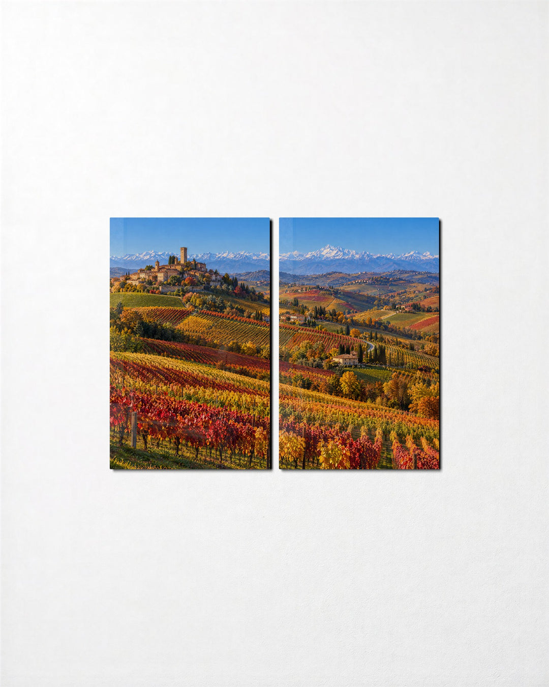 Autumn Rows Toward the Village glass wall art, set front view