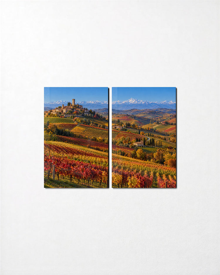 Autumn Rows Toward the Village glass wall art, set front view