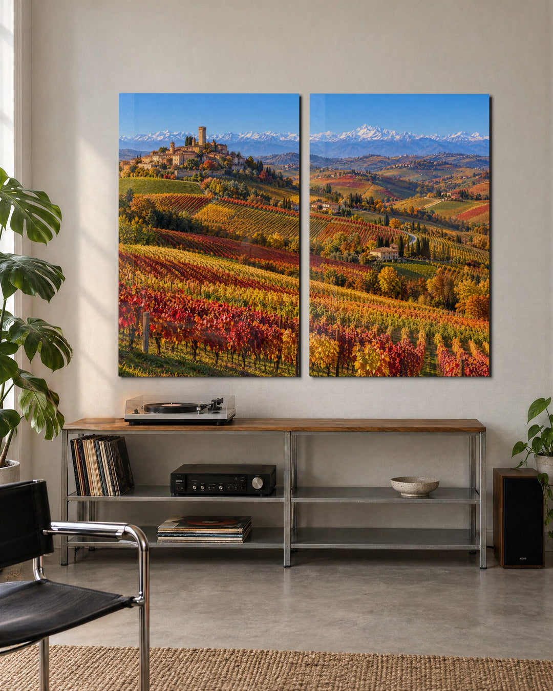 Autumn Rows Toward the Village glass wall art, set lifestyle view