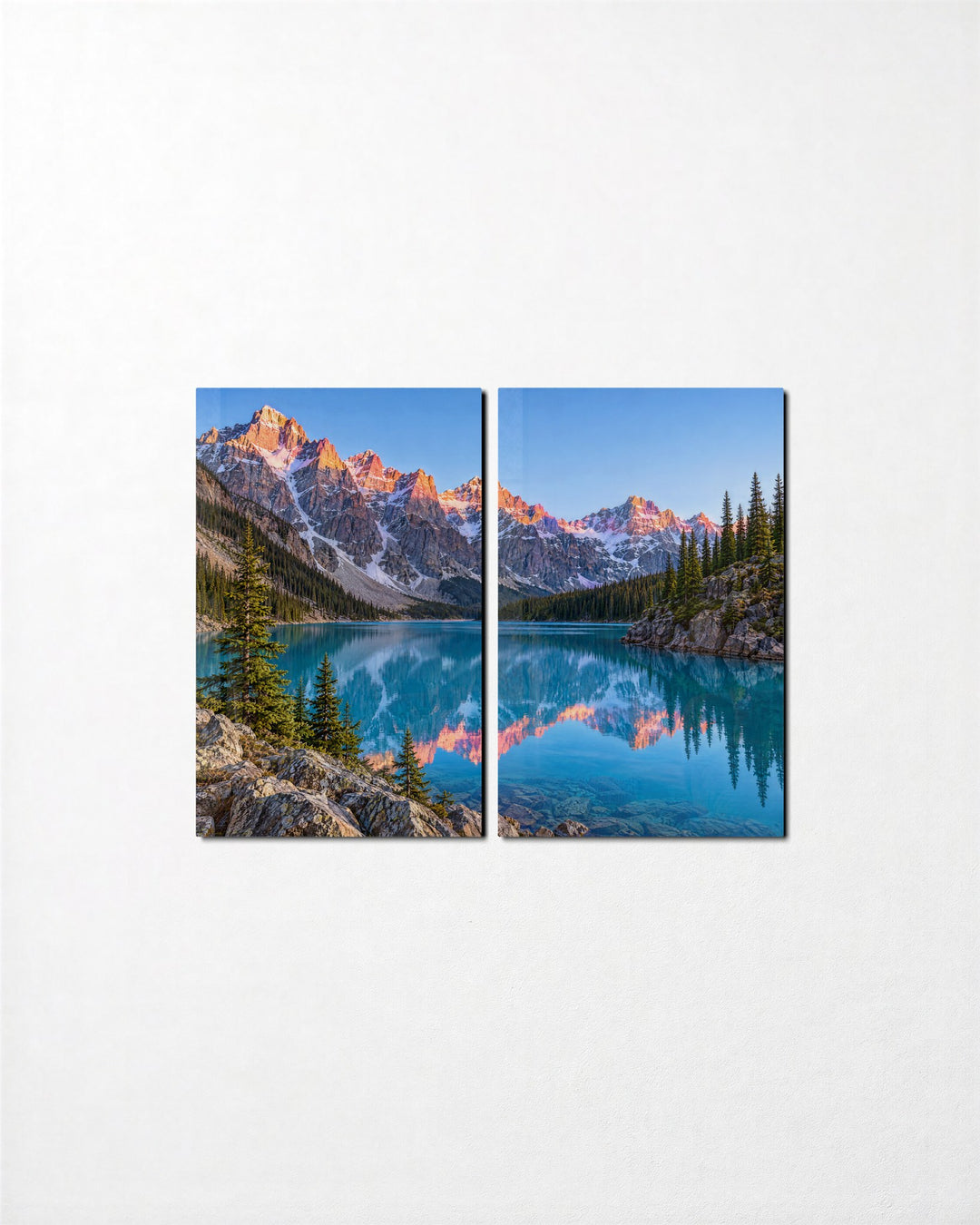 Pink Summits, Still Water glass wall art, set front view