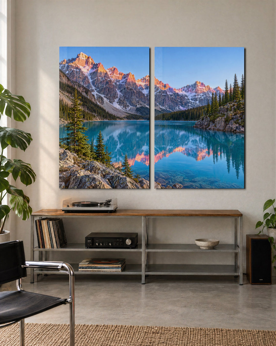 Pink Summits, Still Water glass wall art, set lifestyle view