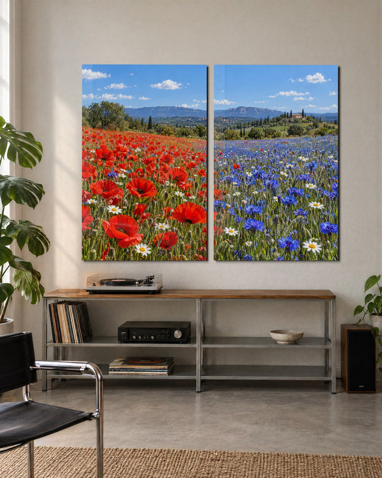 Red Meadow, Blue Meadow glass wall art, set lifestyle view