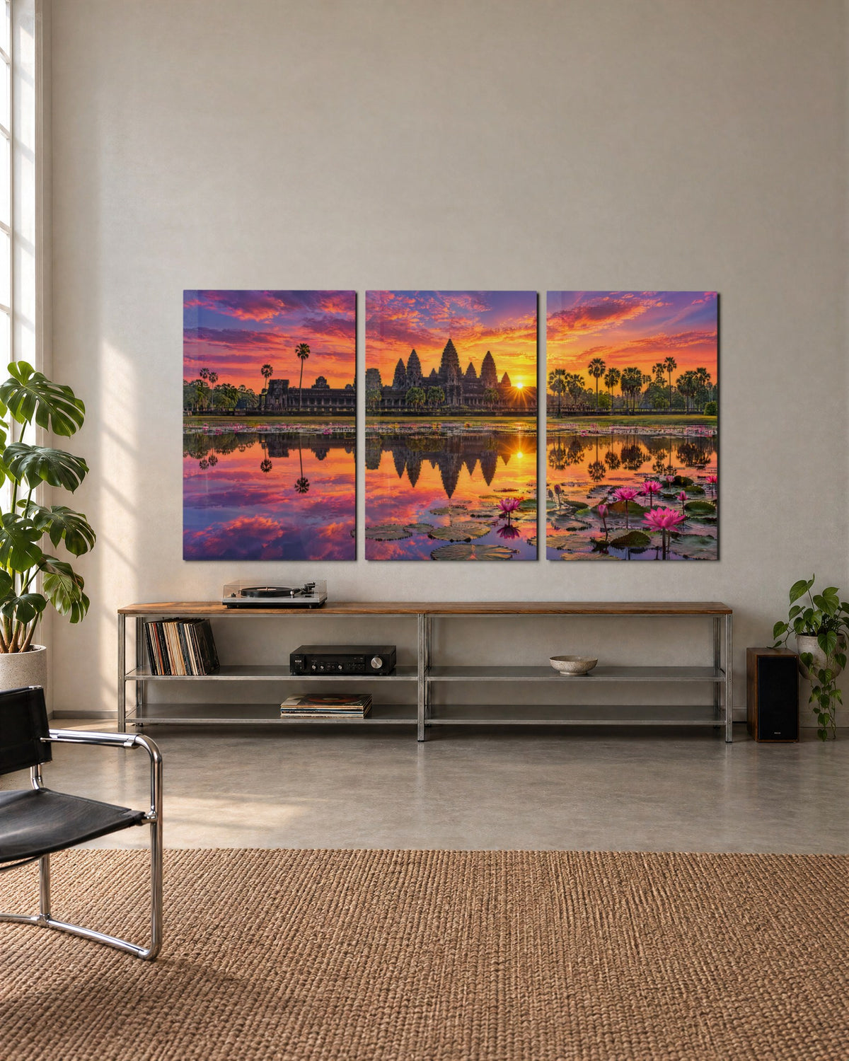 Temple Dawn Triptych glass wall art, set lifestyle view