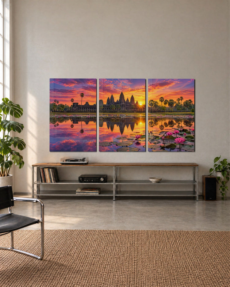 Temple Dawn Triptych glass wall art, set lifestyle view