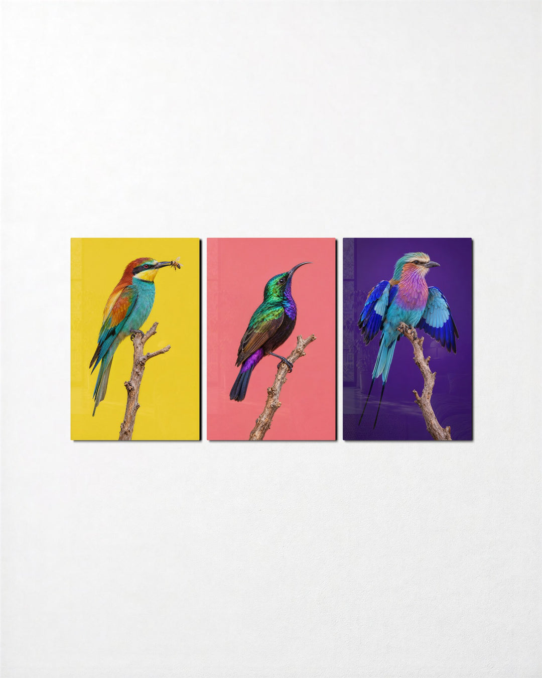 Three Branch-Sitters glass wall art, set front view