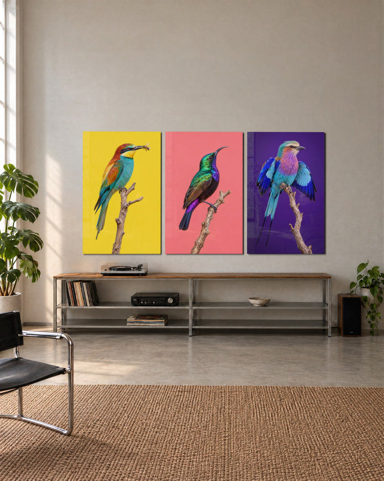 Three Branch-Sitters glass wall art, set lifestyle view