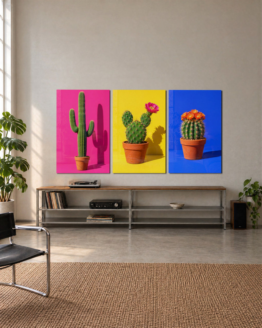 Spiny Crew in Three Colors glass wall art, set lifestyle view