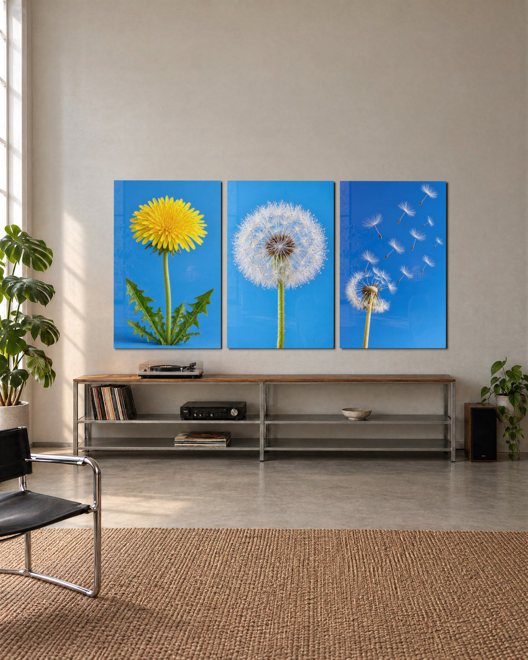 Bloom, Seed, Drift Triptych glass wall art, set lifestyle view