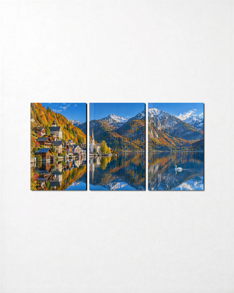 Alpine Village in Fall Colors glass wall art, set front view