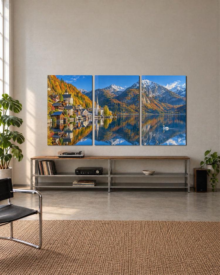 Alpine Village in Fall Colors glass wall art, set lifestyle view